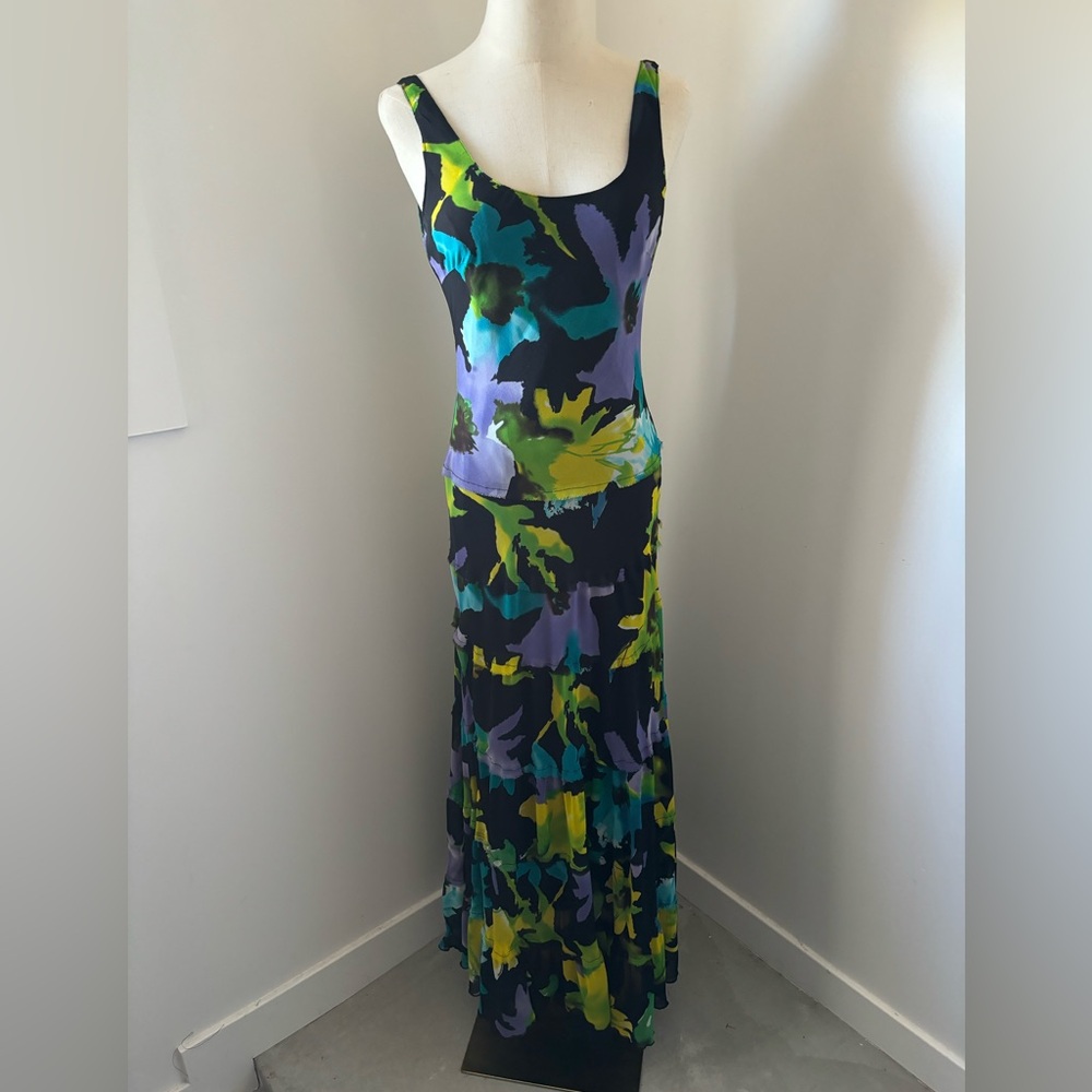 Jones New York Black w/ Bright Floral Pattern Sleeveless Ruffle Tier Maxi Dress